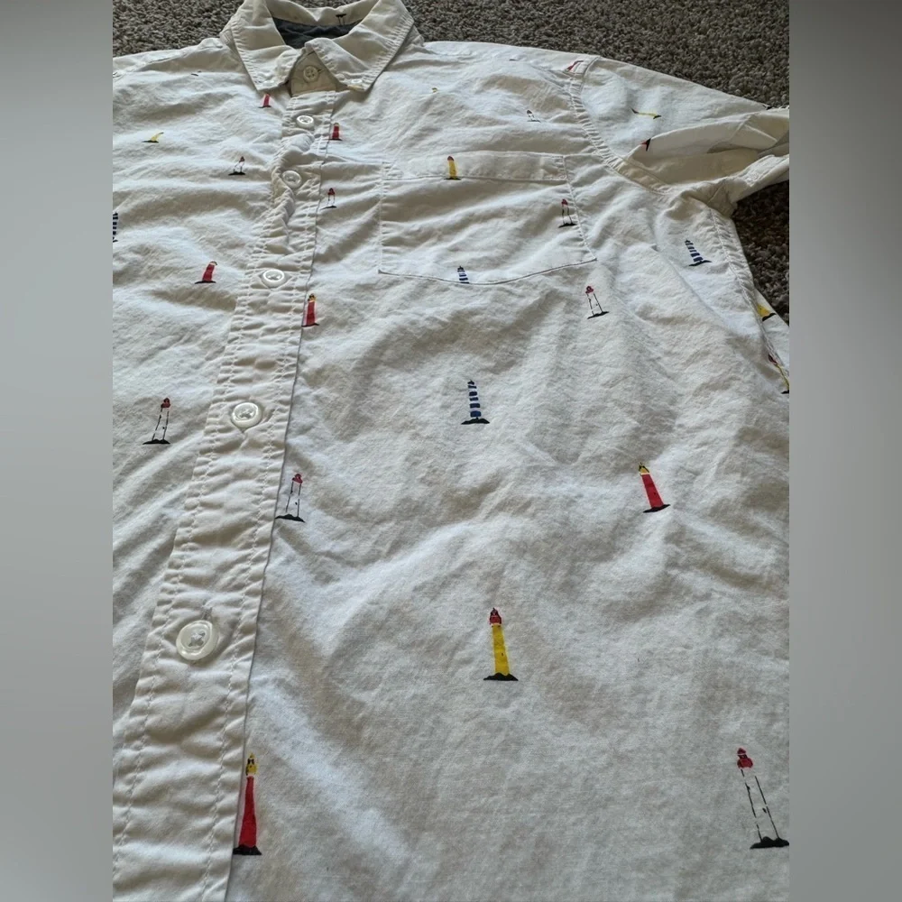 J. Crew Men's Short Sleeve Button Down White Shirt Lighthouses